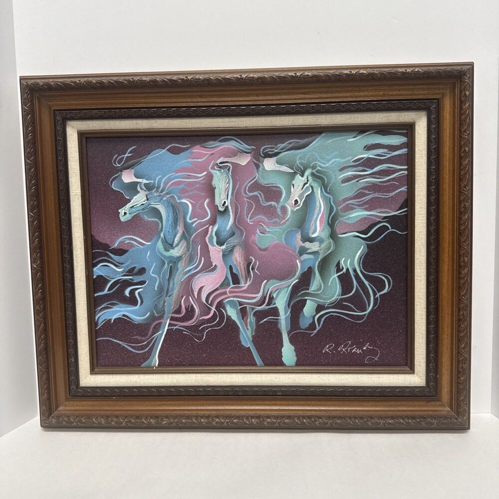 Original Signed Mixed Media Painting Three Wild Horses Framed 17.5” x 21.5”